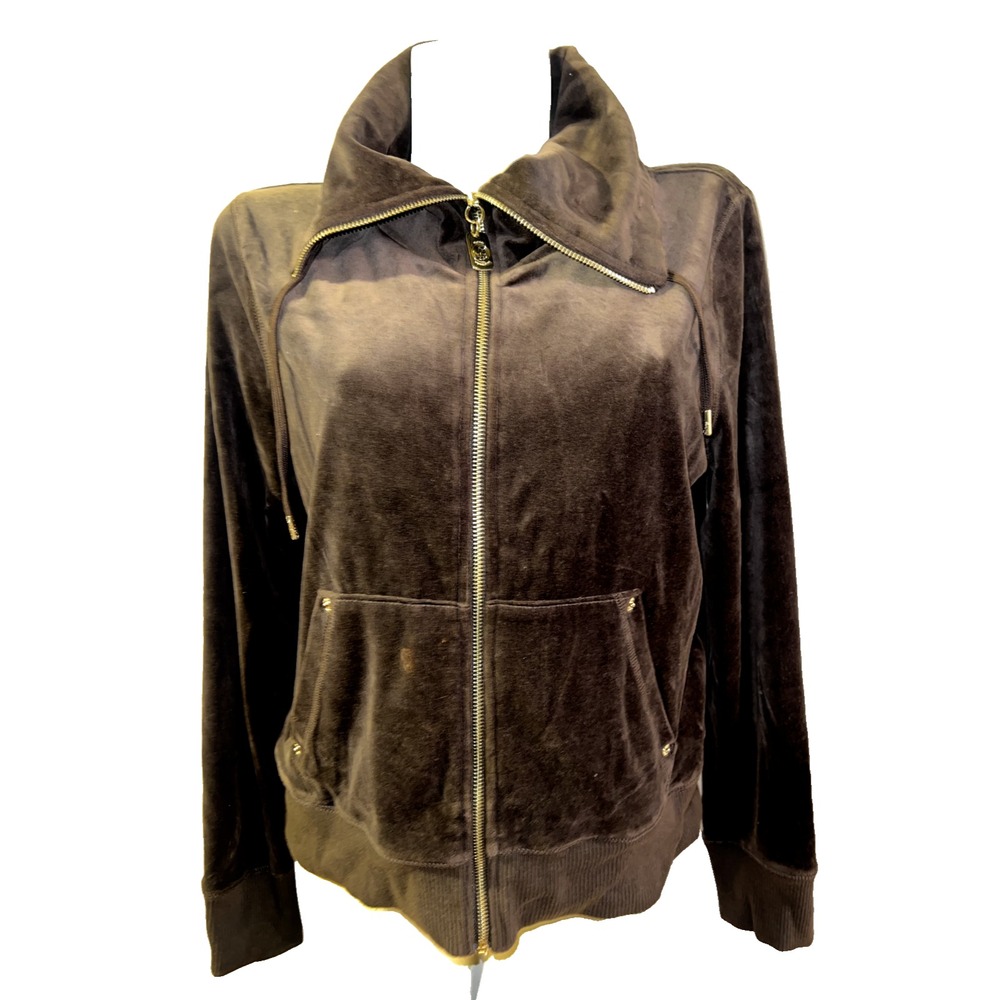 Michael Kors Womens Brown Velour Full Zip Funnel Neck Track Jacket Large MK Logo